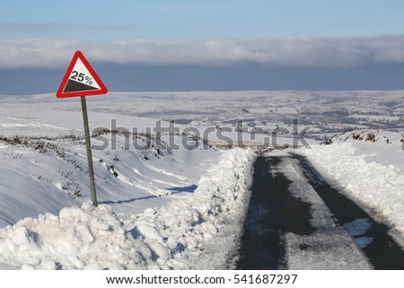 Red and white triangular warning road sign indicating a steep hill of 25% in wintry conditions.