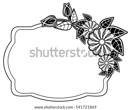 Black and white frame with flower silhouettes. Copy space. Vector clip art.