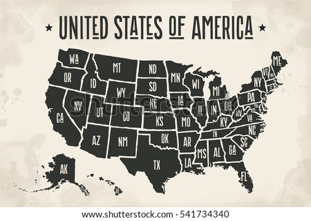 Poster map of United States of America with state names. Black and white print map of USA for t-shirt, poster or geographic themes. Hand-drawn font and black map with states. Vector Illustration Royalty-Free Stock Photo #541734340