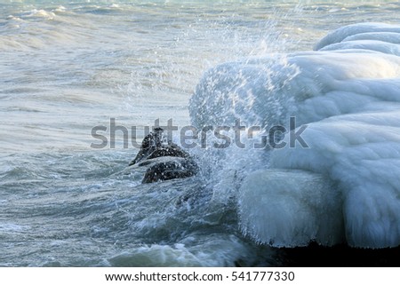 Waves and ice at Tannay village beach, Lake Geneva, Western Switzerland