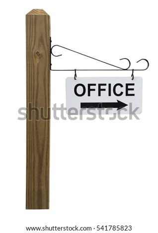 Isolated OFFICE sign hanging from metal arm on wooden post. Vertical.