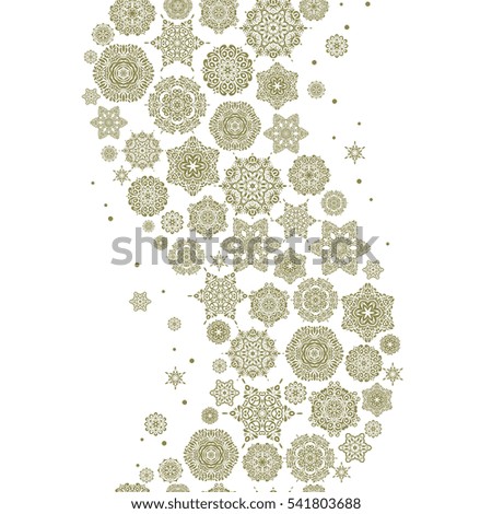 Snowflakes winter New Year frame. Seamless pattern in neutral colors on white background.