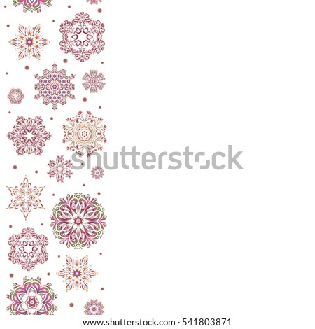 Falling Christmas stylized snowflakes with copy space (place for your text). Vertical illustration. Beautiful red and beige snowflakes isolated on a white background. Snowflakes, snowfall.