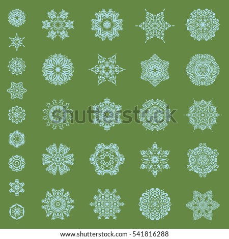 Arab, Asian, ottoman motifs. Simple snowflakes set, floral elements, decorative ornament. Illustration on a green background.