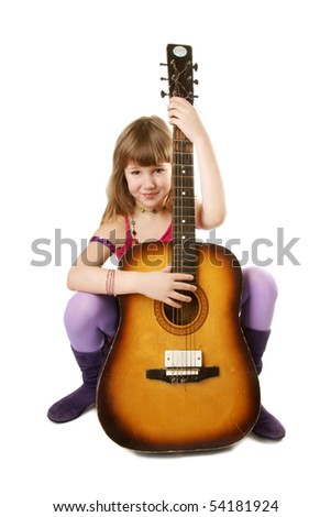 Portrait of pretty smiling stylish girl with guitar on white background