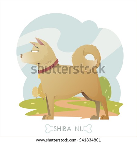 Dog walks in the park. Cartoon style. Vector collection.