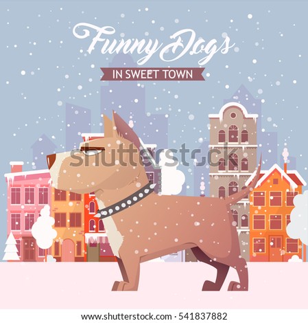 Funny dog on a city background. Vector collection.