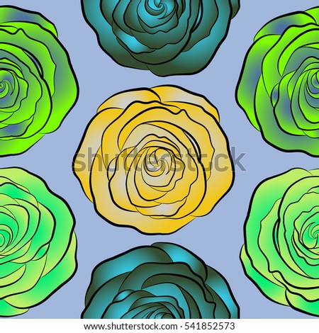 Blue, yellow and green flower petals, close up roses, beautiful abstract seamless pattern.