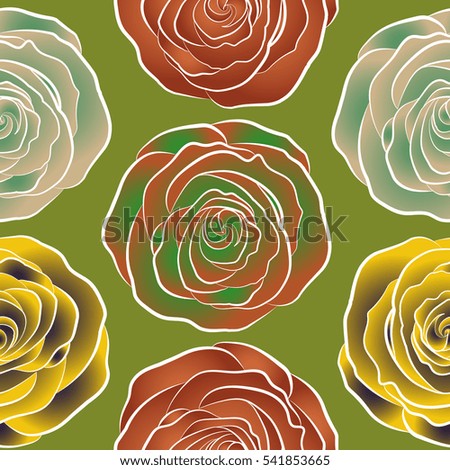 Greeting card with yellow, orange and green roses, watercolor, can be used as invitation card for wedding, birthday and other holiday and summer background. Vector seamless pattern.