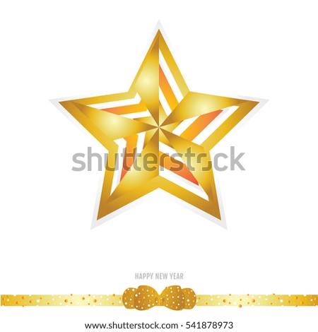 Christmas gold star with ribbon bow on white background.