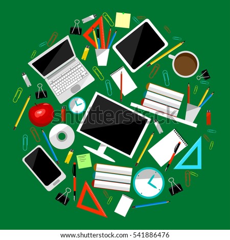 Office supplies colored vector. Stationery tools collection. Clip, laptop, mug, book and tablet etc.