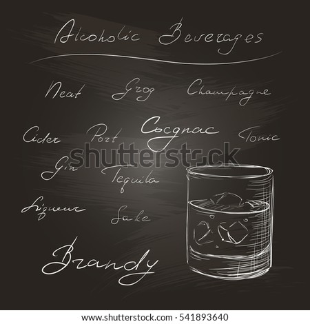 Hand writing of names cocktails on a chalkboard. Isolated.