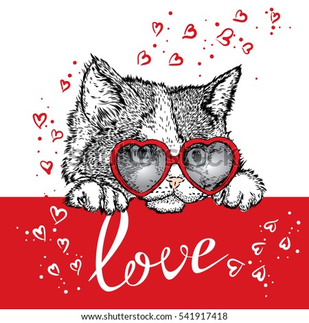 Cute kitten glasses Heart. Vector illustration. Valentine's Day.