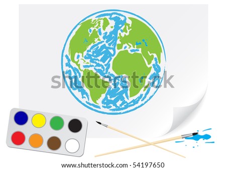 Children drawing a green Earth a brush paints on a paper