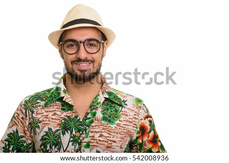 Young happy Indian man smiling ready for vacation isolated against white background