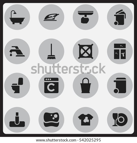 Set Of 16 Editable Cleaning Icons. Includes Symbols Such As Appliance, No Laundry, Hoover And More. Can Be Used For Web, Mobile, UI And Infographic Design.