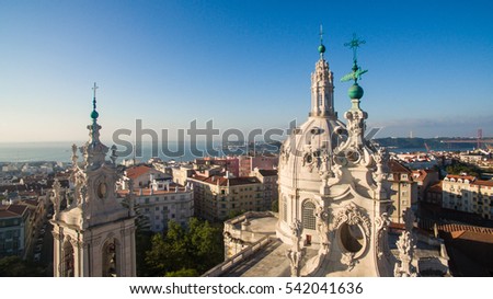 Dome of the Estrela Basilica on a background  Lisbon at morning aerial view