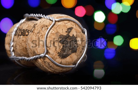 Champagne cork with the shape of Ireland burnt in and colorful blurry lights in the background.(series)