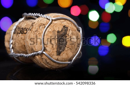 Champagne cork with the shape of Belize burnt in and colorful blurry lights in the background.(series)