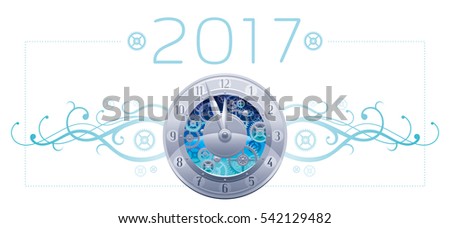Merry Christmas Happy New year 2017 holiday border banner isolated white background. Silver blue clock midnight dial vector illustration. Snowflake, ribbons, cartoon cogwheel gear logo decoration icon