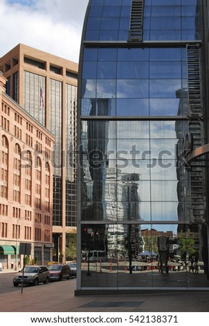 Detail of futuristic skyscrapers in Denver in USA