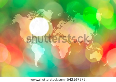 Abstract bokeh background of light for celebration new year and christmas with world map