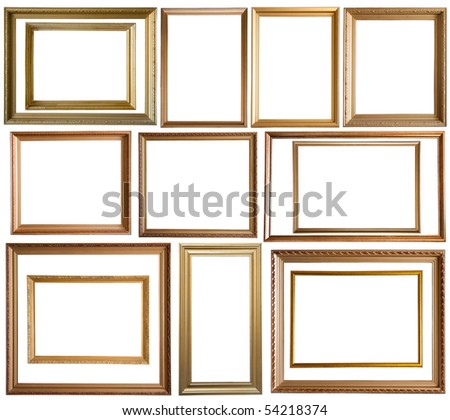 Set of 14 gold picture frames, isolated with clipping path