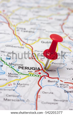Close-up On A Map of Perugia Italy