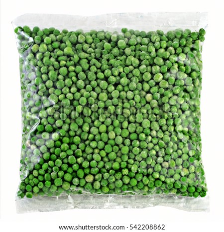 Frozen green peas in plastic bag, clipping path