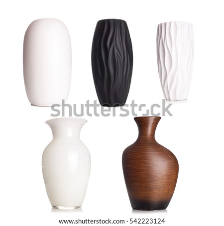 Modern white tall ceramic vase, decoration object isolated on white background.. Royalty-Free Stock Photo #542223124