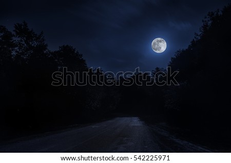 Landscape of night view of roads with bright moon and among stone hill from one side and forest from other