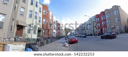 Street view of vintage brooklyn residential neighborhood panorama. 