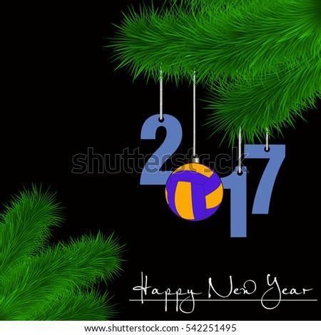 Happy New Year and numbers 2017 and volleyball ball as a Christmas decorations hanging on a Christmas tree branch on a black background. Vector illustration