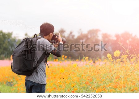 photographer taking photos in a beautiful meadow flowers in warm sunlight