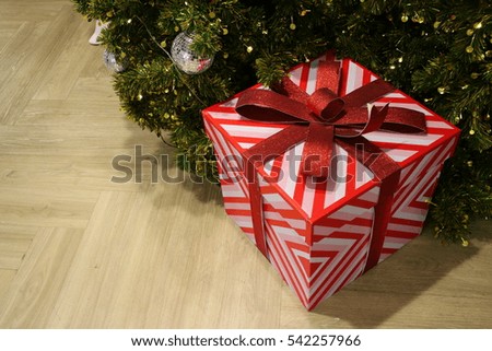 Gift box, ribbon and Christmas tree decoration for Christmas and new year festival