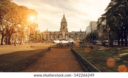 Buenos Aires, National Congress building on a sunset Royalty-Free Stock Photo #542266249