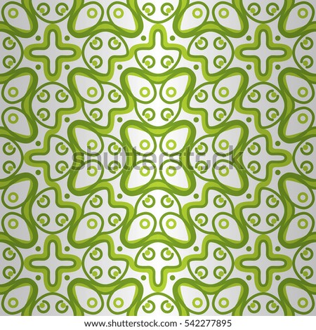White, green fancy seamless pattern in alien style. Colored, graphical design for wallpaper, ads, fabric or other purpose. Entangled mosaic repeatable backdrop. Vector background.
