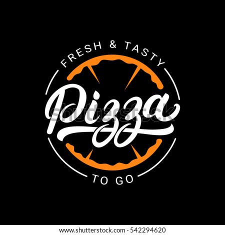 Pizza hand written lettering logo, label, badge. Emblem for fast food restaurant, pizzeria, cafe. Isolated on background. Vector illustration.