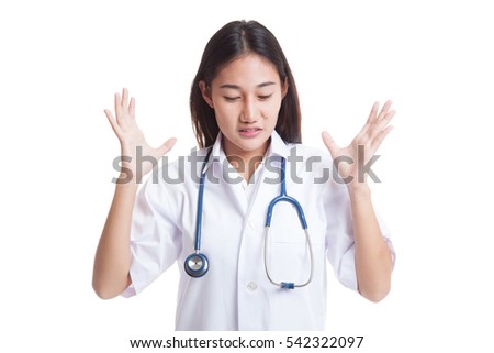 Frustrated Asian young female doctor  isolated on white background.