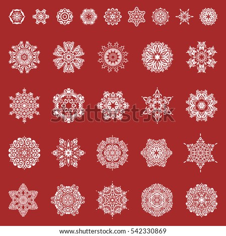 Set of twenty nine snowflakes. Winter card Merry Christmas, New Year and Happy Holiday vector illustration. Christmas card with snowflakes on red background.