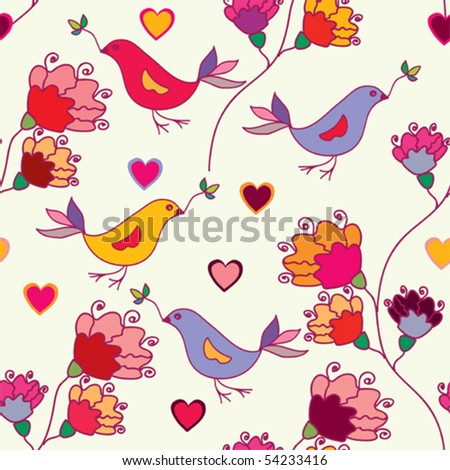 Bright floral seamless pattern with birds