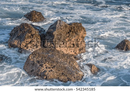 Tropical Sunlight Reflecting on Coral Boulders with Breaking Waves.