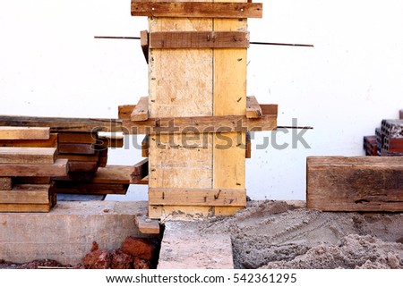 Concrete Beam and Wooden Column Box, House Construction Site, Laos, Toned Photo