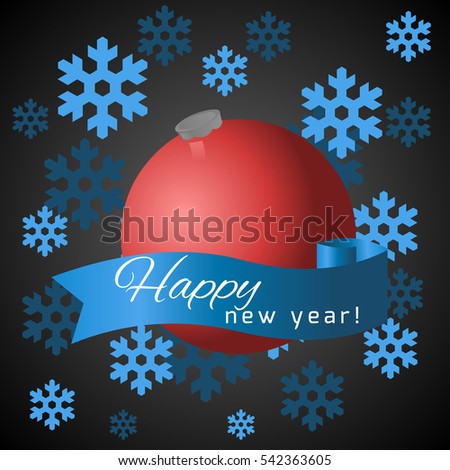 Red ball and blue ribbon on Snow background. New Year card. Stock illustration.
