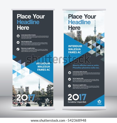 Blue Color Scheme with City Background Business Roll Up Design Template.Flag Banner Design. Can be adapt to Brochure, Annual Report, Magazine,Poster, Corporate Presentation, Portfolio, Flyer, Website Royalty-Free Stock Photo #542368948