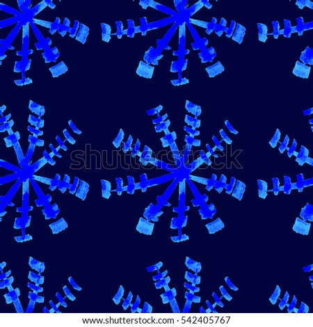Winter Background. Watercolor Hand Painted Blue Indigo Boho Pattern. Winter Seamless Pattern. Repeating Hand Drawn Ornament. Tribal Snowflak Art Print. Fabric Cloth Swimwear Design, Wallpaper Wrapping