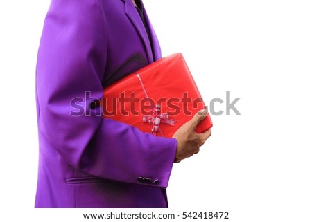 man  holding gift  red in day a new year and Christmas on white background