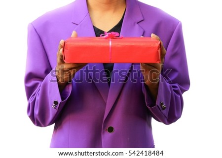 man hand holding out a new year gift on white background