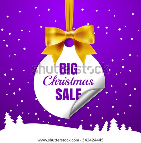 Big Christmas sale. White christmas balls with a paper round corner and violet bow. Winter offer tag. New year holiday  Web-banner or poster for e-commerce, on-line cosmetics shop, store. Vector