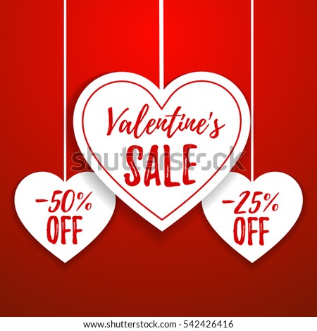  Valentine's day sale offer, banner template. Red heart with lettering, isolated on red background. Valentines Heart sale tags. Shop market poster design. Vector